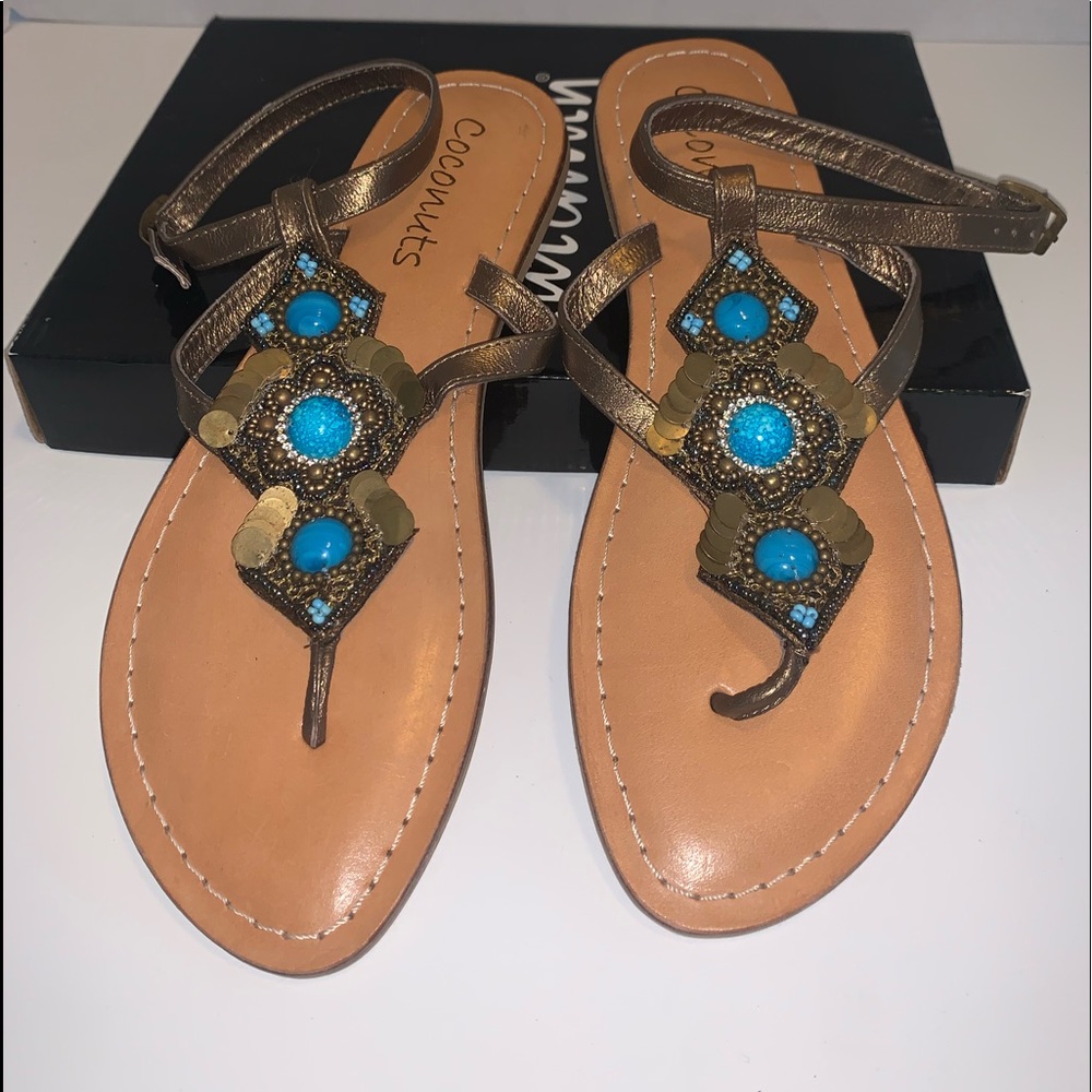 Bronze and turquoise sandals